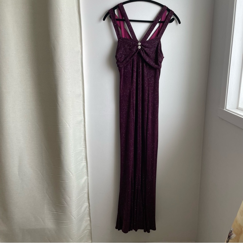 Velour-like Evening Gown-Red Wine w/Silver Dots-Ruched Halter-Formal Dress